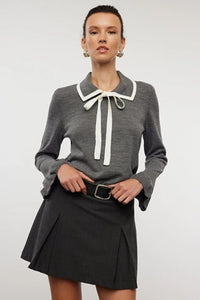 Color-Block Knit Sweater with Ribbon/Bow Detail