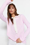 Color-Block Knit Sweater with Ribbon/Bow Detail