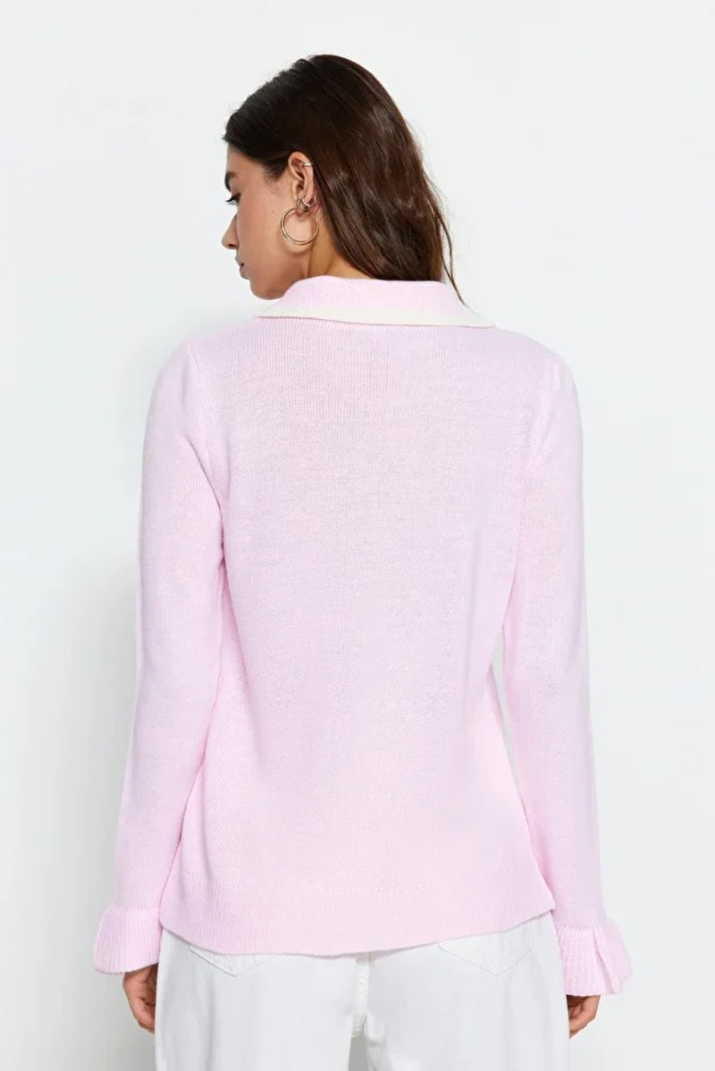 Color-Block Knit Sweater with Ribbon/Bow Detail