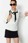 Color-Block Knit Sweater with Ribbon/Bow Detail
