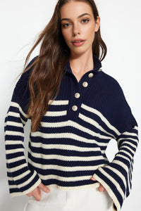 Oversized High Neck Striped Knit Sweater