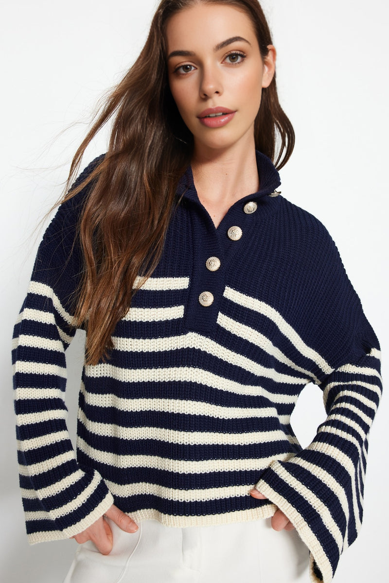 Oversized High Neck Striped Knit Sweater