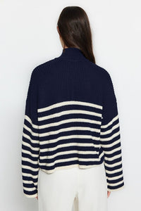 Oversized High Neck Striped Knit Sweater