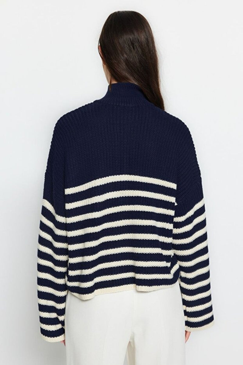 Oversized High Neck Striped Knit Sweater