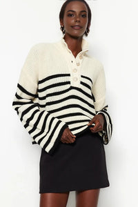 Oversized High Neck Striped Knit Sweater