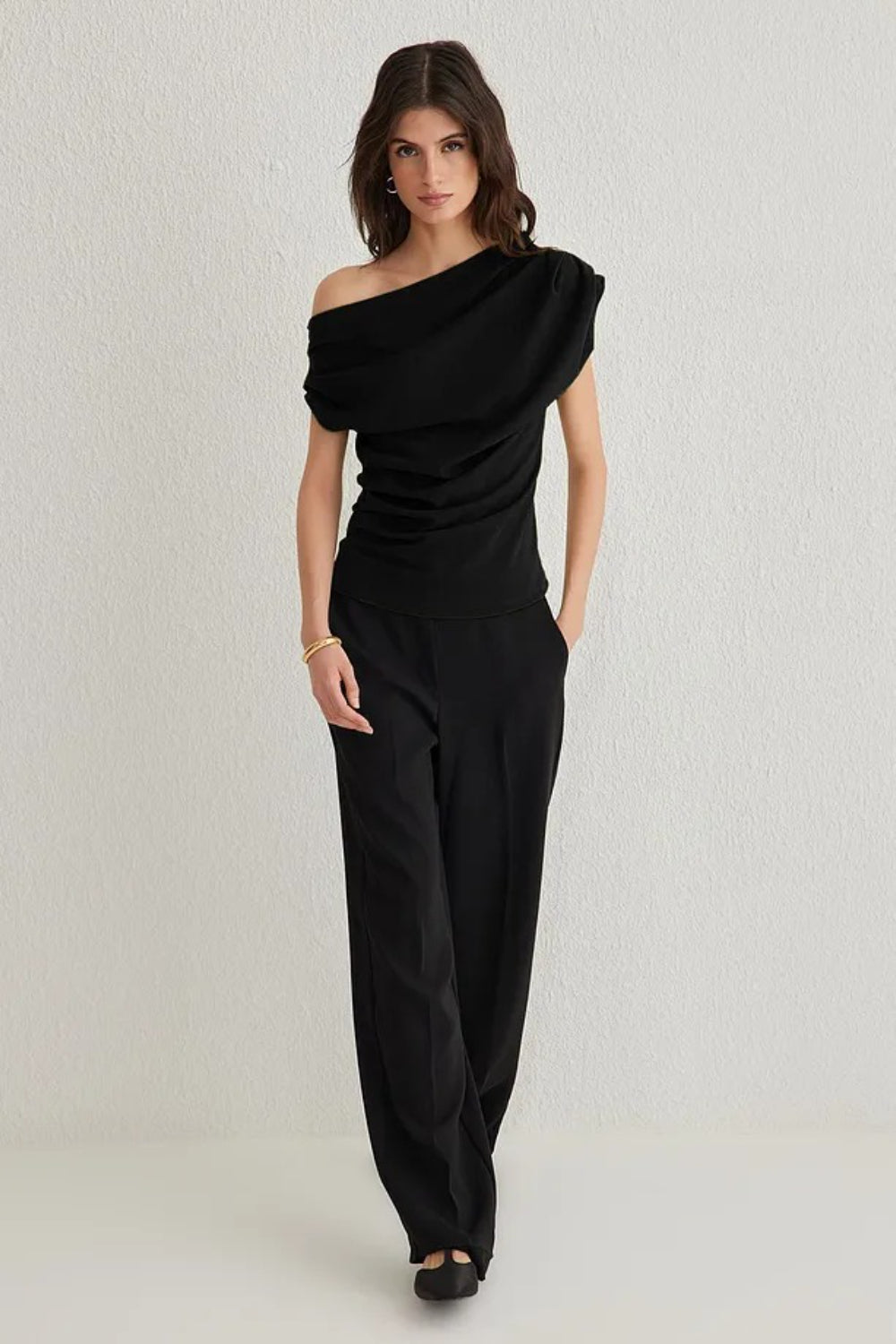 Draped Detail Flowing Asymmetric Neck Knit Blouse