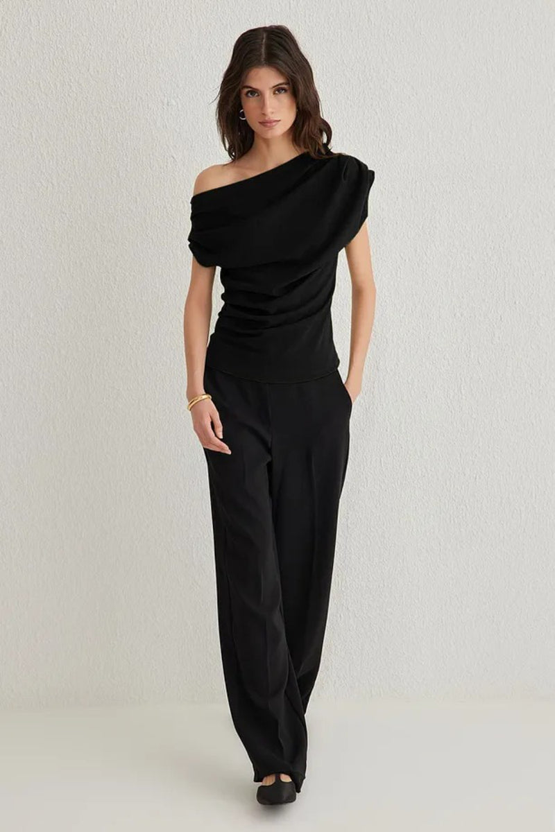 Draped Detail Flowing Asymmetric Neck Knit Blouse
