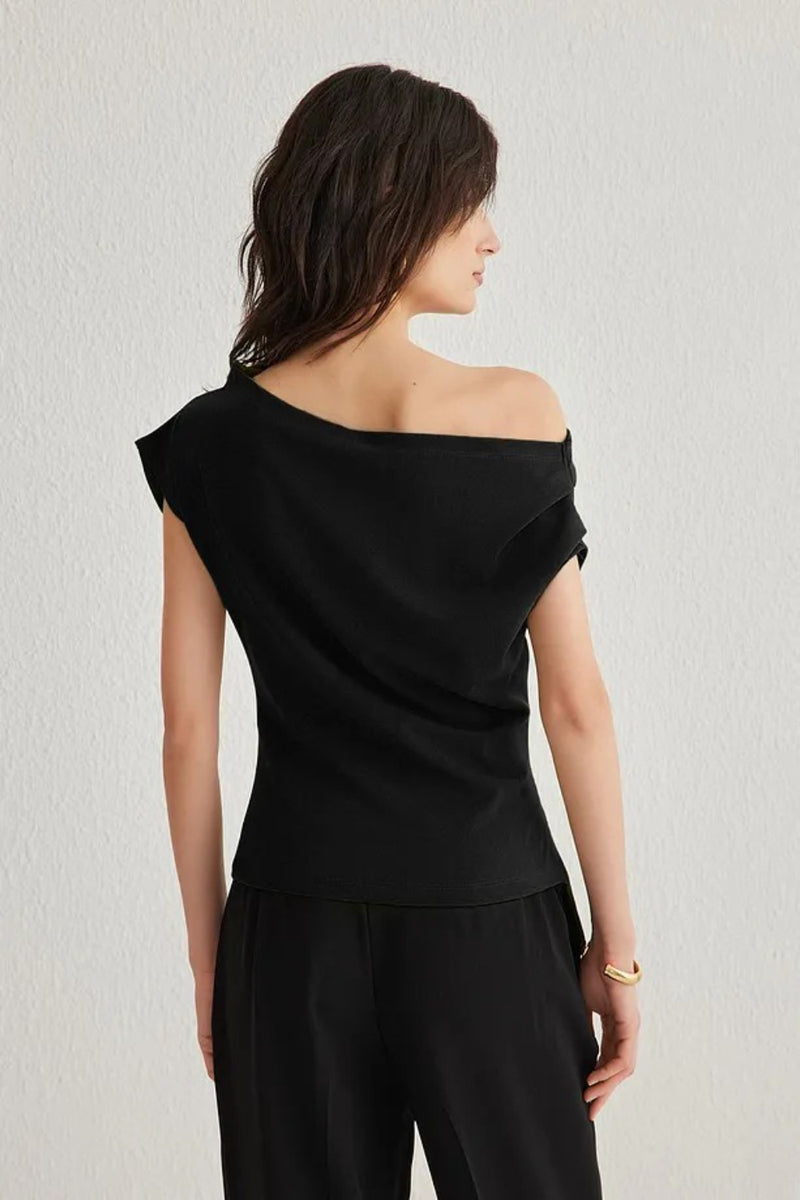 Draped Detail Flowing Asymmetric Neck Knit Blouse