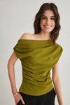 Draped Detail Flowing Asymmetric Neck Knit Blouse
