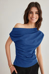 Draped Detail Flowing Asymmetric Neck Knit Blouse