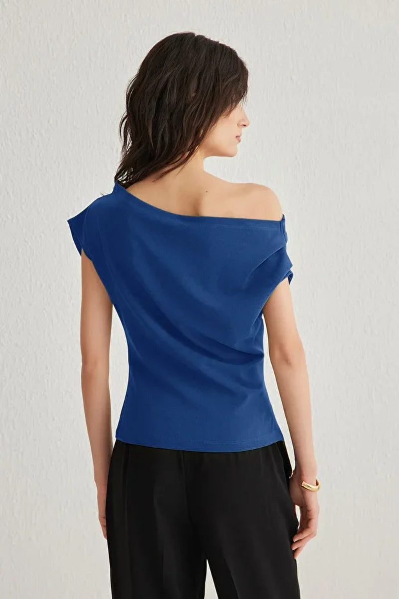 Draped Detail Flowing Asymmetric Neck Knit Blouse