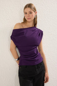 Draped Detail Flowing Asymmetric Neck Knit Blouse