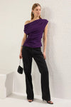 Draped Detail Flowing Asymmetric Neck Knit Blouse