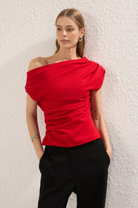 Draped Detail Flowing Asymmetric Neck Knit Blouse