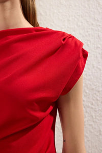 Draped Detail Flowing Asymmetric Neck Knit Blouse