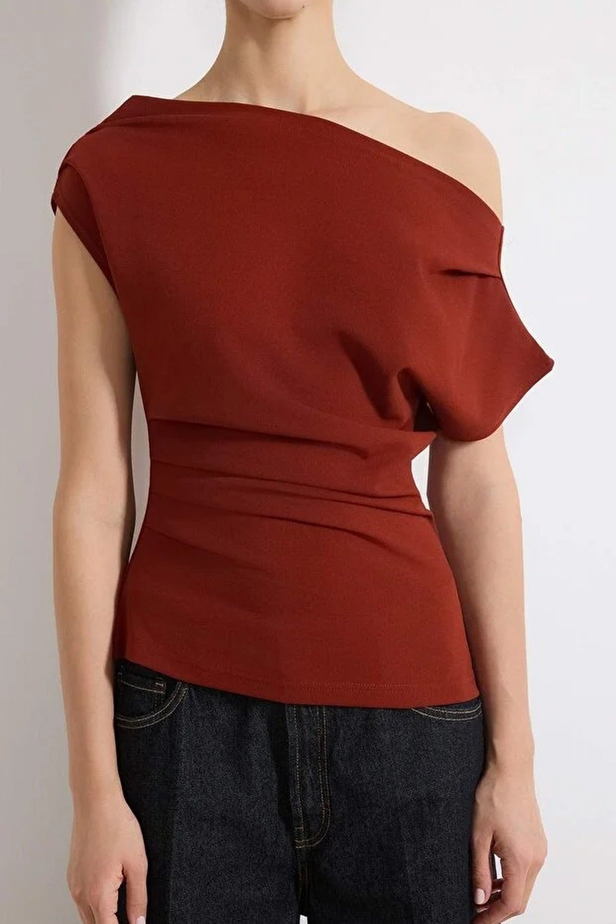 Draped Detail Flowing Asymmetric Neck Knit Blouse