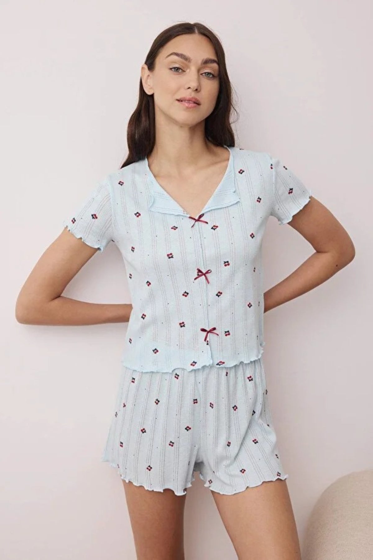 2 Piece Ribbon/Bow Detail Ribbed Knit Pajama Set with Shorts