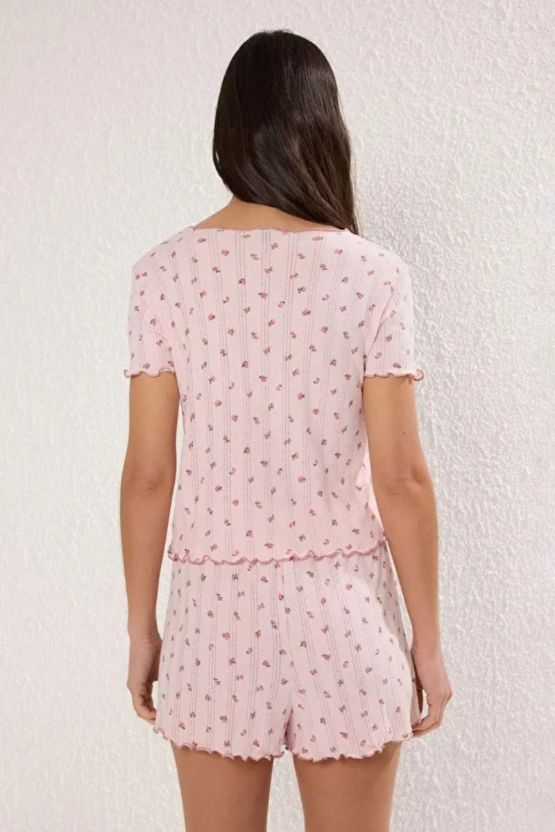 2 Piece Ribbon/Bow Detail Ribbed Knit Pajama Set with Shorts