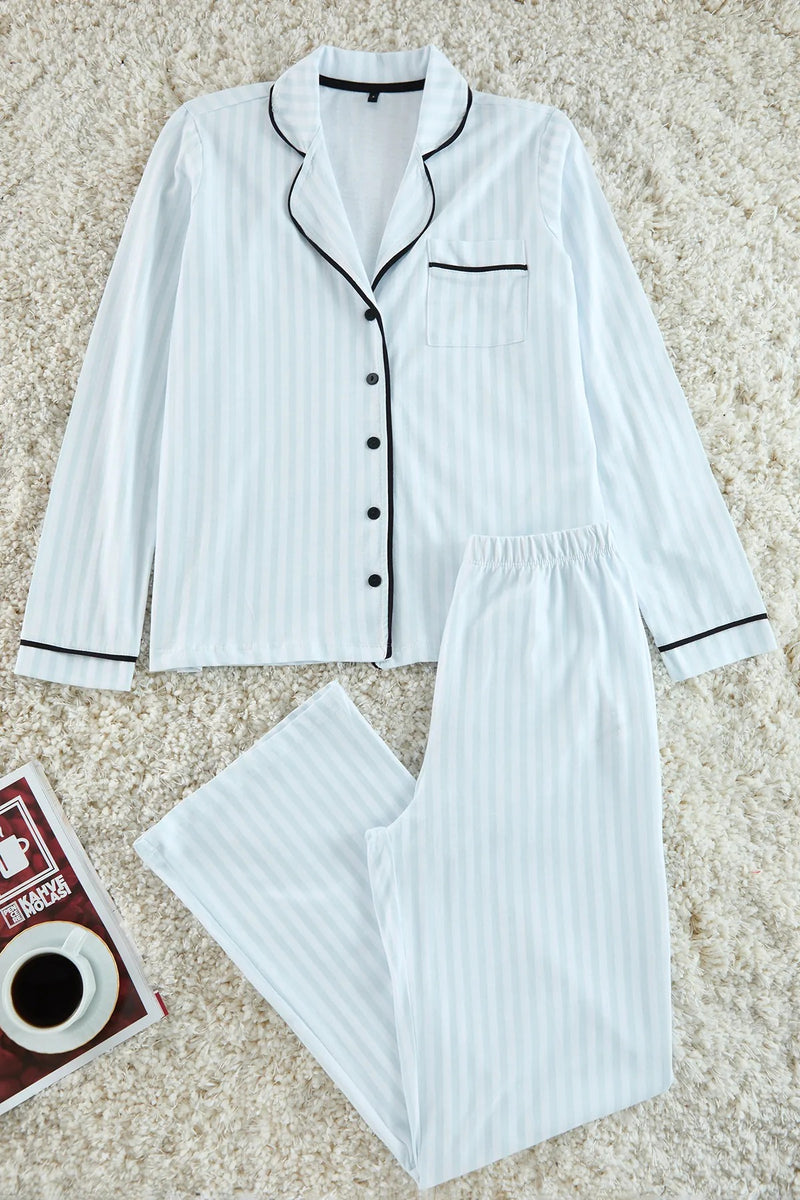 2-Piece Striped Piping Detail Knit Pajama Set