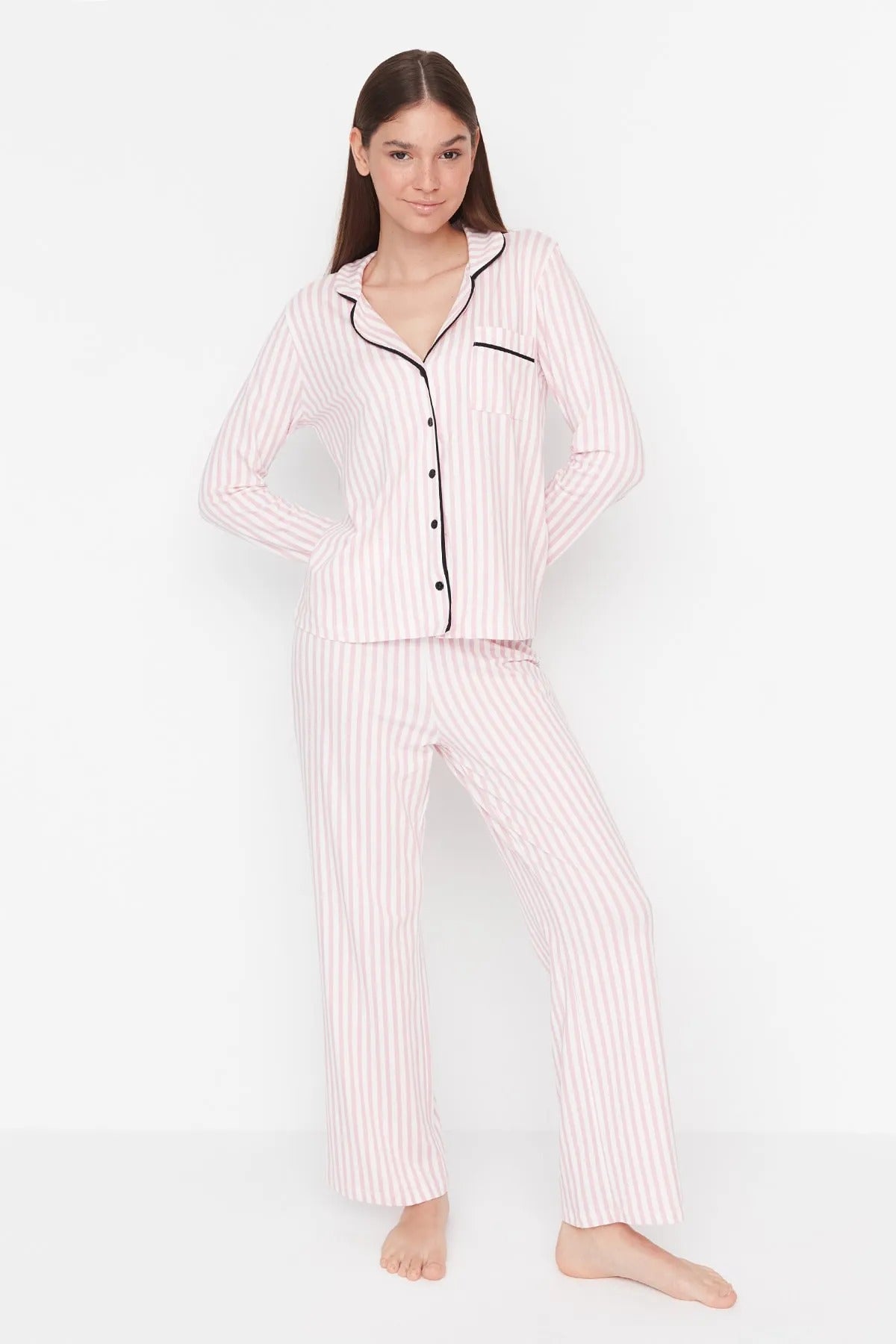 2-Piece Striped Piping Detail Knit Pajama Set