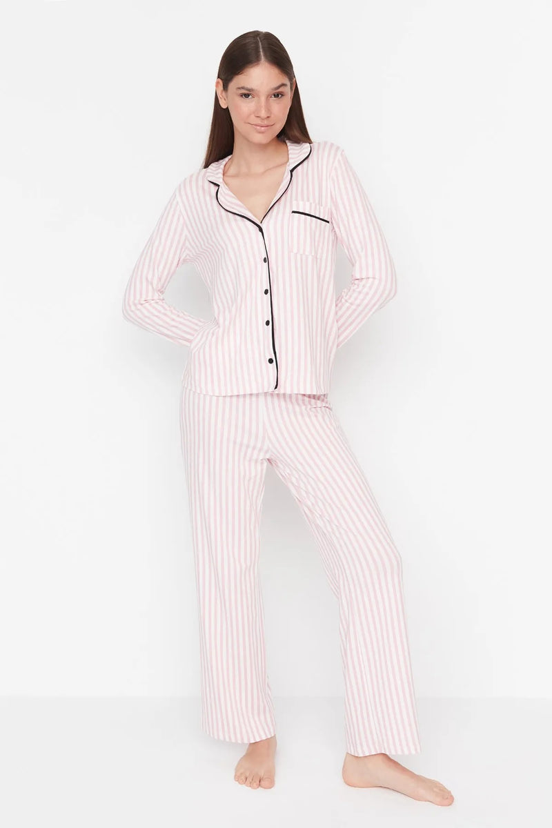 2-Piece Striped Piping Detail Knit Pajama Set
