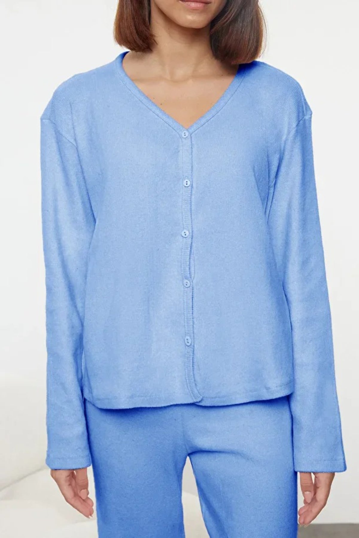 2-Piece Cotton Brushed Soft Ribbed Cardigan Knit Pajama Set