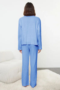 2-Piece Cotton Brushed Soft Ribbed Cardigan Knit Pajama Set