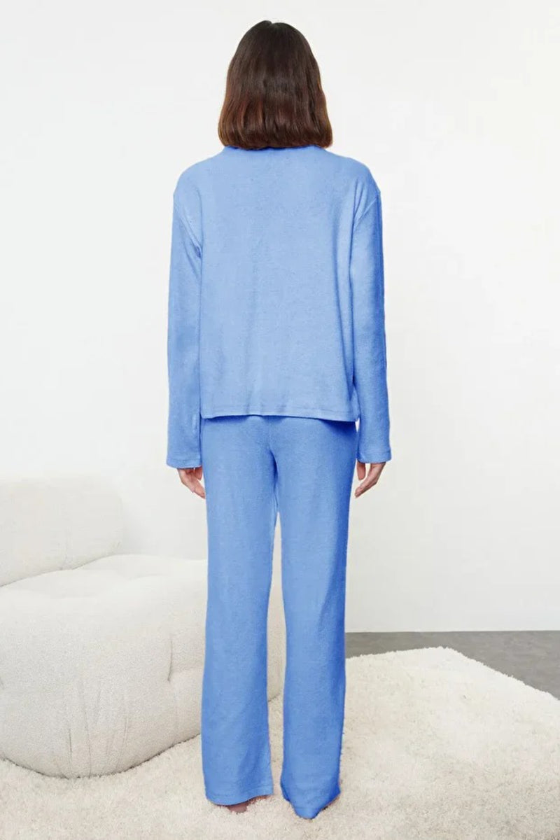 2-Piece Cotton Brushed Soft Ribbed Cardigan Knit Pajama Set