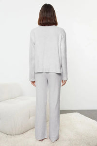 2-Piece Cotton Brushed Soft Ribbed Cardigan Knit Pajama Set