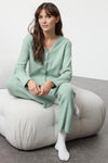 2-Piece Cotton Brushed Soft Ribbed Cardigan Knit Pajama Set