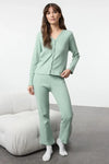 2-Piece Cotton Brushed Soft Ribbed Cardigan Knit Pajama Set