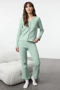 2-Piece Cotton Brushed Soft Ribbed Cardigan Knit Pajama Set