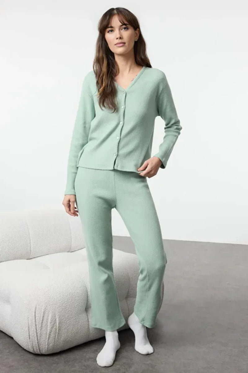 2-Piece Cotton Brushed Soft Ribbed Cardigan Knit Pajama Set