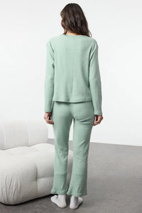 2-Piece Cotton Brushed Soft Ribbed Cardigan Knit Pajama Set