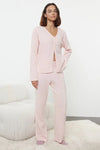 2-Piece Cotton Brushed Soft Ribbed Cardigan Knit Pajama Set