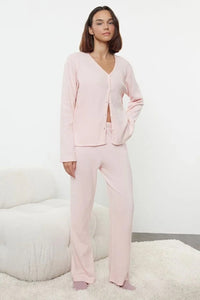 2-Piece Cotton Brushed Soft Ribbed Cardigan Knit Pajama Set