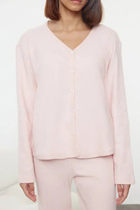 2-Piece Cotton Brushed Soft Ribbed Cardigan Knit Pajama Set