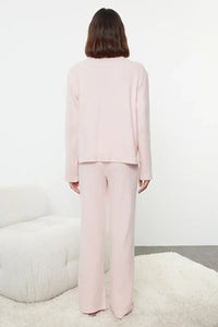 2-Piece Cotton Brushed Soft Ribbed Cardigan Knit Pajama Set