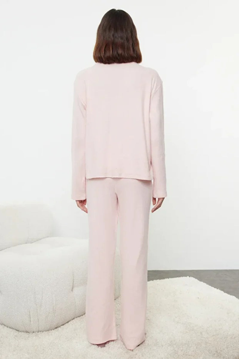 2-Piece Cotton Brushed Soft Ribbed Cardigan Knit Pajama Set