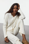 2-Piece Cotton Brushed Soft Ribbed Cardigan Knit Pajama Set