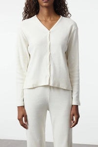 2-Piece Cotton Brushed Soft Ribbed Cardigan Knit Pajama Set
