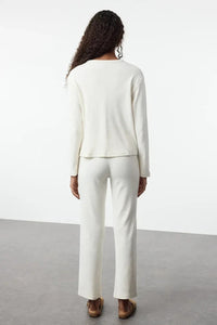 2-Piece Cotton Brushed Soft Ribbed Cardigan Knit Pajama Set