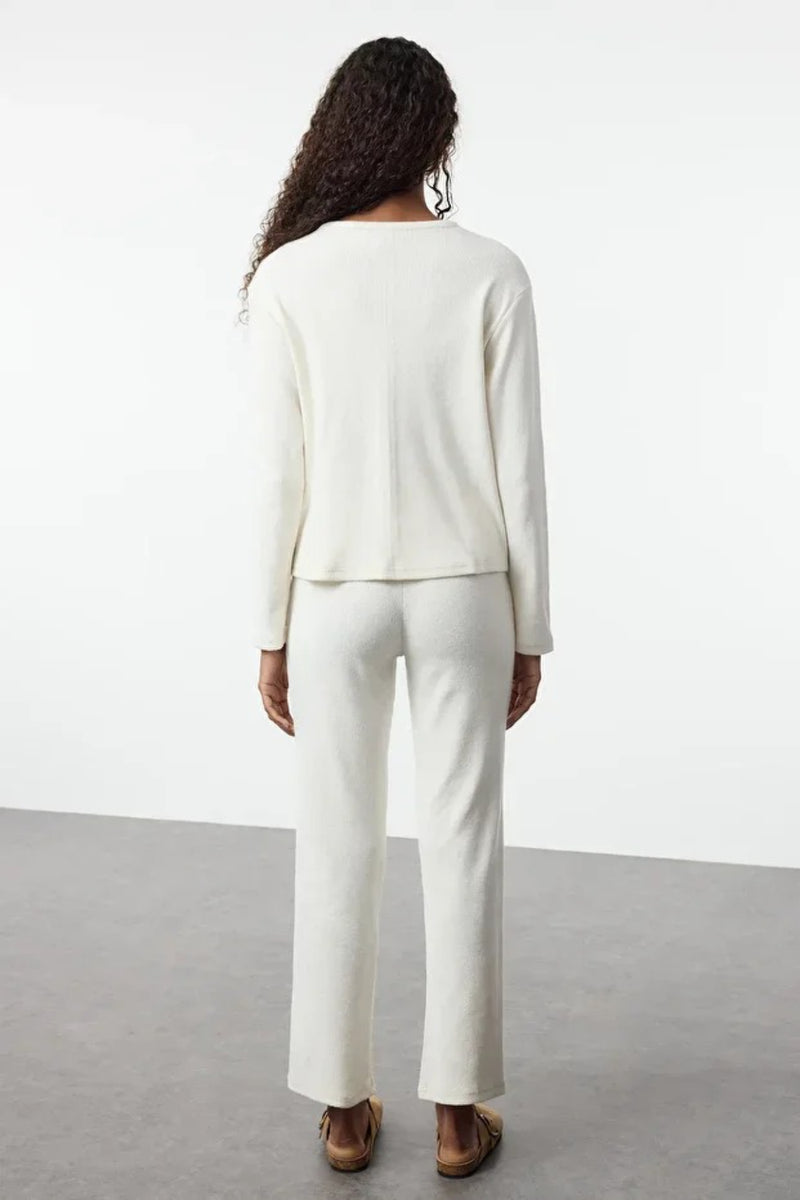 2-Piece Cotton Brushed Soft Ribbed Cardigan Knit Pajama Set