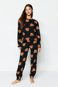 100% Cotton Knitted Pajama Set with Teddy Bear Print
