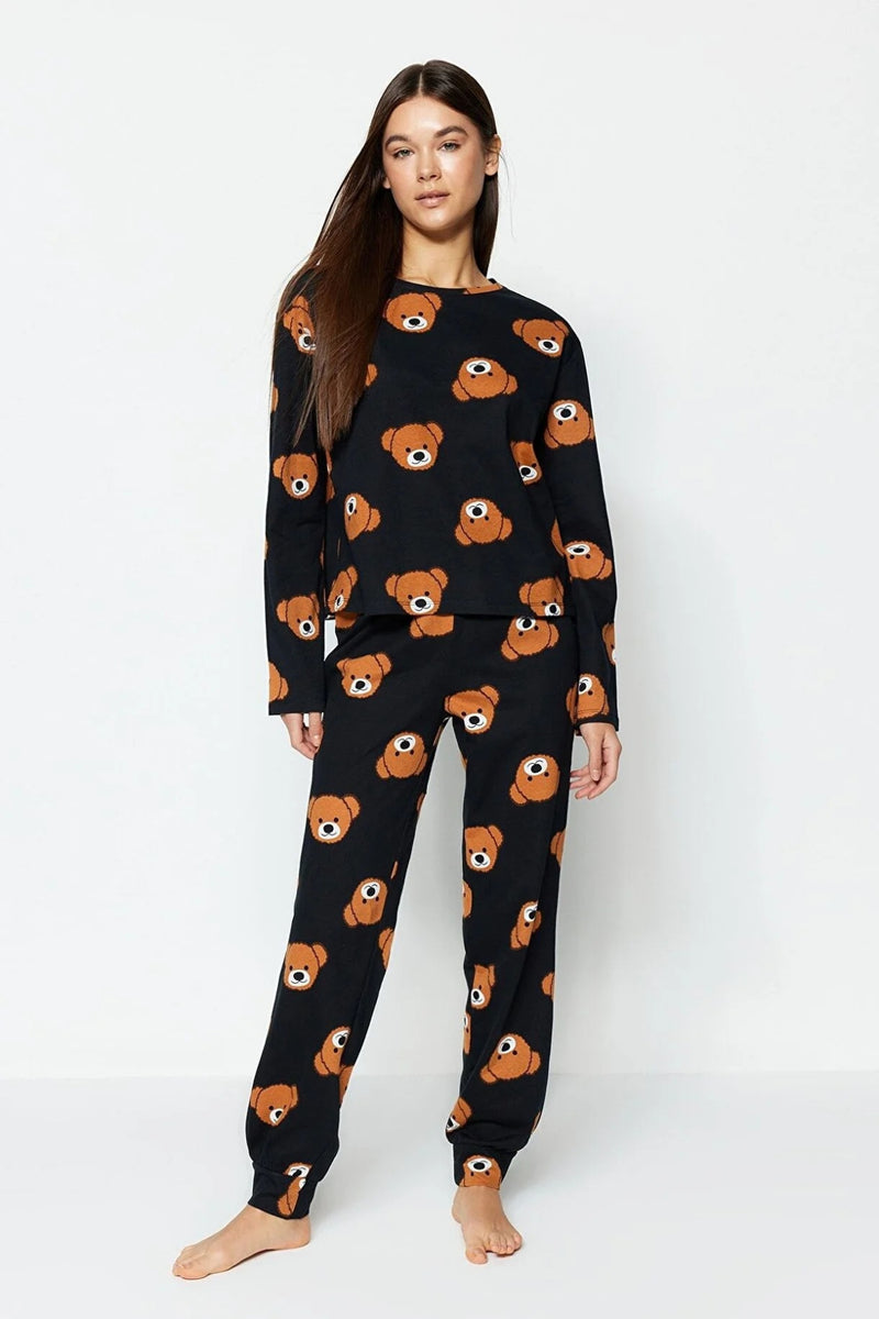 100% Cotton Knitted Pajama Set with Teddy Bear Print
