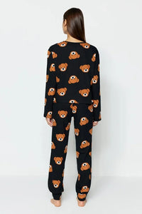 100% Cotton Knitted Pajama Set with Teddy Bear Print