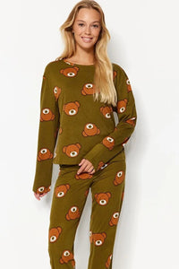 100% Cotton Knitted Pajama Set with Teddy Bear Print
