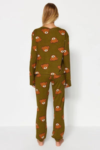 100% Cotton Knitted Pajama Set with Teddy Bear Print
