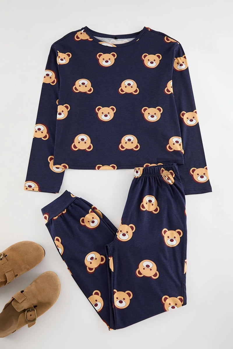 100% Cotton Knitted Pajama Set with Teddy Bear Print
