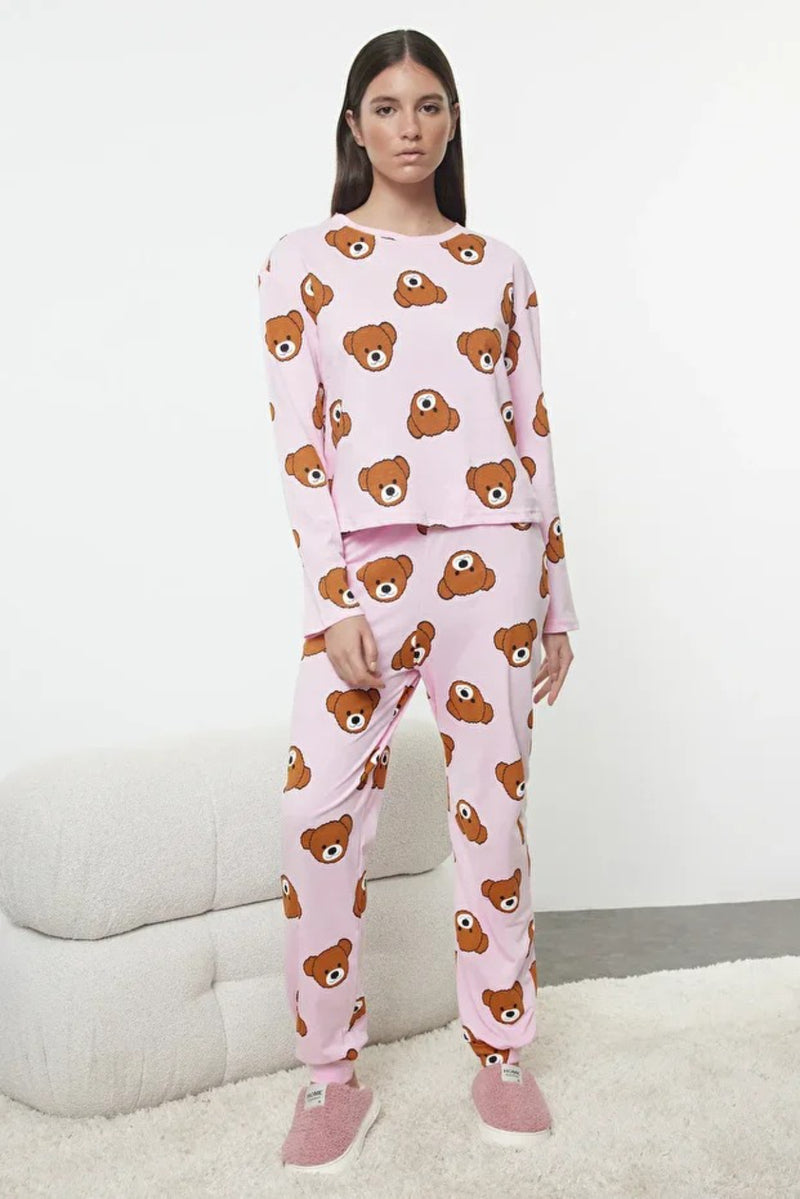 100% Cotton Knitted Pajama Set with Teddy Bear Print